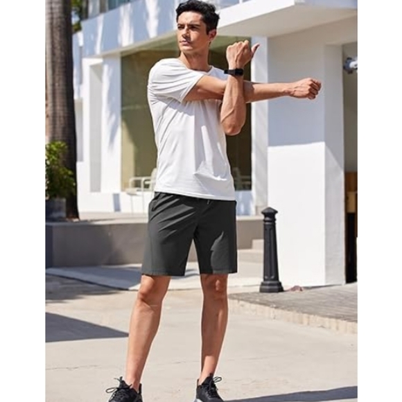 Men's Running Athletic Shorts Gym Workout Elastic Waist Dark Gray - Picture 3 of 8